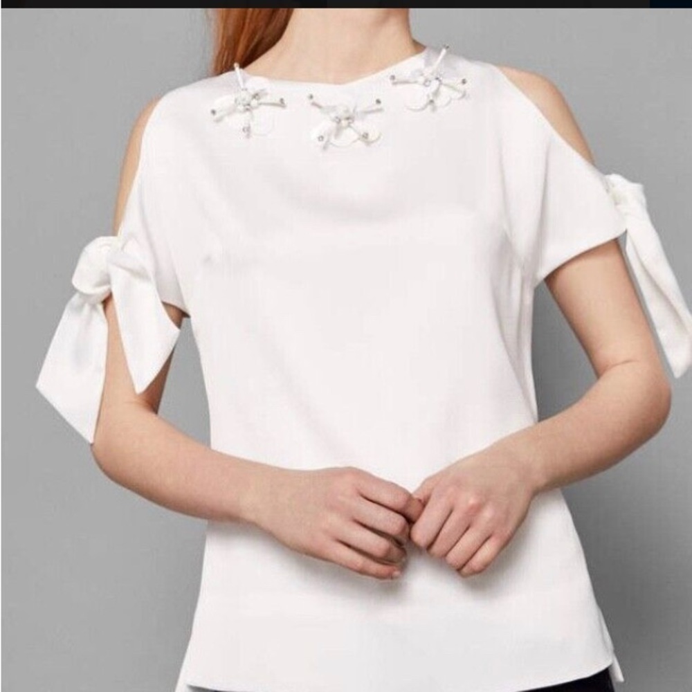 Ted Baker London White Floral Beaded Tie Cold shoulder Blouse Top 6 MSRP $175!!